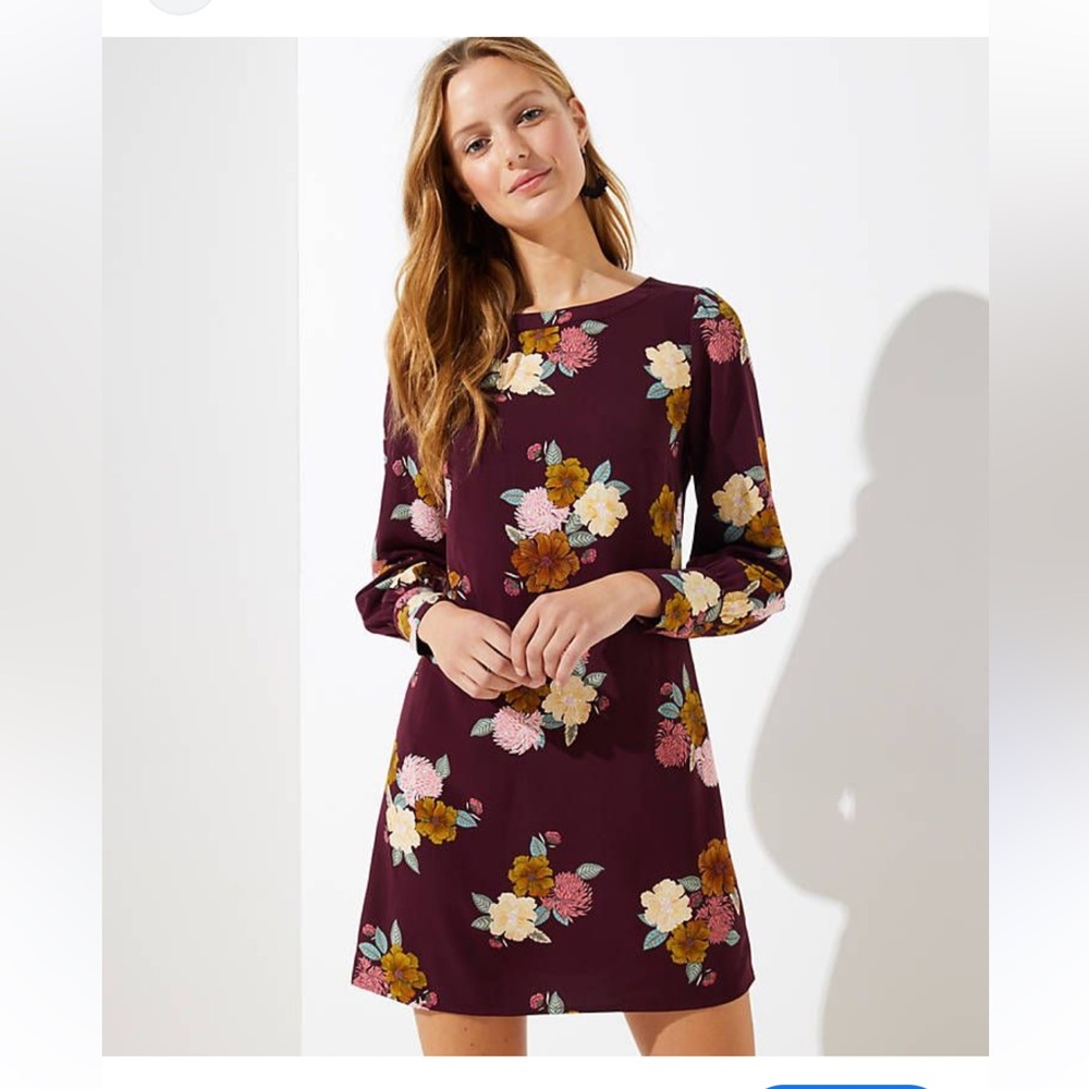 LOFT Burgundy Floral Long Sleeve Dress
